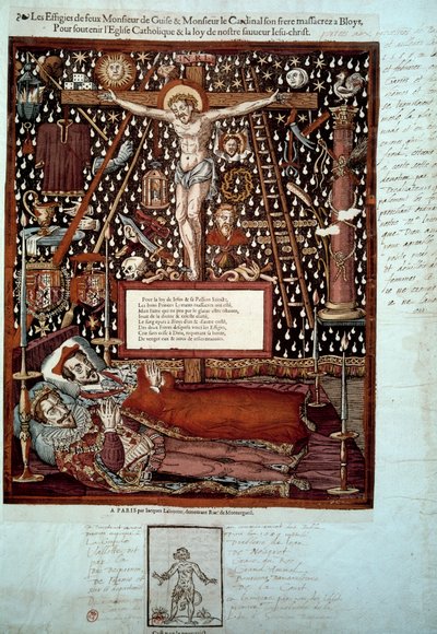 I. Lotaringiai Henrik, Guise 3. hercegének (1550-1588) és testvérének, II. Guise-i Lajosnak, Lotaringia bíborosának (1555-1588) képmásai, akiket 1588. december 23-án és 24-én Bloisban gyilkoltak meg III. Henrik parancsára. 16. századi Párizs, B.N. alkotó: Unknown artist