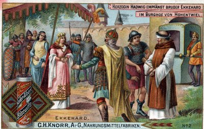 Ekkehard IV. St. Gallen (St. Gallen) vagy Eckhard, Eckhart (980 -1057) művelt és latin költő. Hadwig hercegnő fogadja Ekkehard testvért Hohentwiel kastélyának udvarán. Verso: „” Ekkehard testvér, akit a hercegné a kastélyába bízott alkotó: Unknown artist