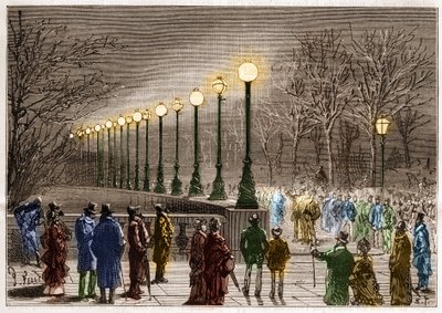 Elektromos világítás: állólámpák a londoni Victoria rakpartról, Nagy-Britanniában. Metszet a "" La Nature"-be alkotó: Unknown artist