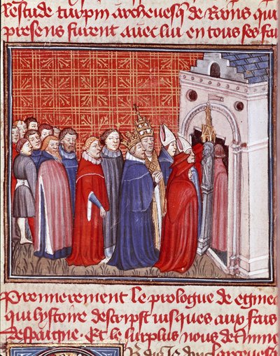 Nagy Károly császár (742-814) bemegy a templomba, majd a „Les grandes Chronicles de France” 15. századi Chantilly miniatűr prelátusai, Musee Conde. alkotó: Unknown artist
