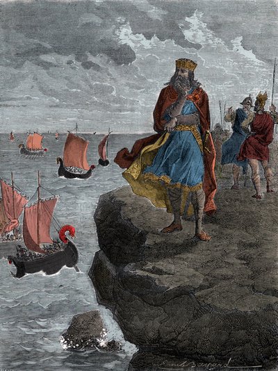 Nagy Károly császár (Carlo Magno) a normann hajók érkezését figyeli – Nagy Károly király (742/747-814), a frankok királya lenéz a megszálló skandinávokkal teli hajókra alkotó: Unknown artist