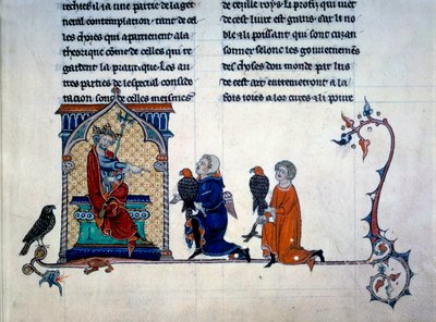 Frigyes császár (1194-1250) miniatűr solymászokat fogadott "A madarakkal való vadászat művészete" c. alkotó: Unknown artist