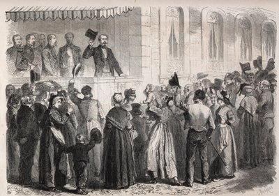 III. Napóleon császár (1808-1873) Strauss a Vichy villájának teraszán, 1861. július 7-én, vasárnap köszöntötte a vidék lakossága - Metszet: „A jeles világ” alkotó: Unknown artist