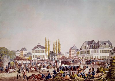 I. Napóleon császár (1769-1821) áttekinti a frankfurti csapatokat. Metszet 1813-ból. Frankfurt, Történeti Múzeum alkotó: Unknown artist