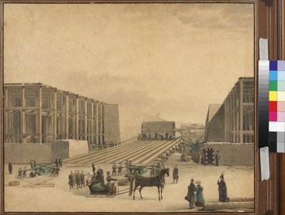 I. Miklós császár meglátogatja a Sándor-oszlop építkezését - Anonymous. Akvarell, papír, 1836 után. Szentpétervári Állami Történeti Múzeum alkotó: Unknown artist