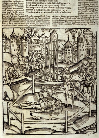Eneide de Virgil (Kr. e. 70–Kr. e. 19), XII. könyv, a trójai hős, Enee megöli a turnuszi csatában a latinok és rutulák szeme láttára. Sebastian Brant (1458-1521) xilográfiája. Strasbourg alkotó: Unknown artist