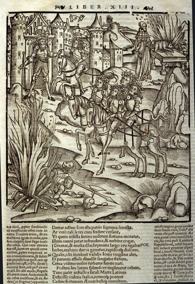 Eneide de Virgil (Kr. e. 70-Kr. e. 19), XIII. könyv (supplementum), a trójai hős Enee fogadja a latinokat, áldozatokat hoznak a háború áldozatainak tiszteletére. Sebastian Brant (1458-1521) xilográfiája. Strasbourg alkotó: Unknown artist