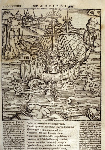 Vergilius Aeneis (Kr. e. 70-i. e. 19), a trójai hős, Enee és társai egy szirénákkal teli tengeren kelnek át. Sebastian Brant (1458-1521) xilográfiája. Strasbourg alkotó: Unknown artist