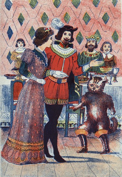 Carabas márki és a király lányának eljegyzése. Illusztráció: Charles Perrault (1628-1703) francia író „Le chat Botte” című meséje. Névtelen illusztráció. Képek Marcel Vagne, Jarville Nancy, dátum nélküli (19. század vége). alkotó: Unknown artist
