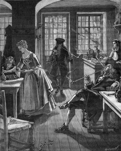 Anglia, 17. század vége: dohányzó férfiak egy kávézóban. századi metszet. Jules Michelet „Histoire de France” című művében alkotó: Unknown artist