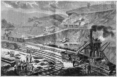 Metszet 1885-ből, amely a Panama-szoros fúrásának munkáját mutatja be. Kilátás az egyik támadásról az Emperador hajógyárban. alkotó: Unknown artist