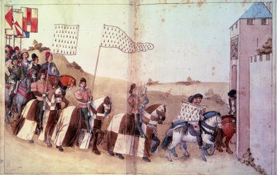 A kortezs bejárata, Bretagne hercegének kormánya és zászlója a kolostorban. Kézirat „” Úgy kezeli a formát és az idézeteket, mint mi a versenyeket” (Folio 46V-47), Rene d