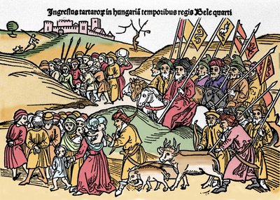 A tatárok bevonulása Magyarországra IV. Béla (1235-1270) uralma alatt. Metszet a „Chronica Hungariae”-ból”. Biblioteca Marciana, Velence. alkotó: Unknown artist