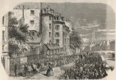 A párizsi Quai des Orfevres sarkán lévő rue de Jerusalem rendőrségi prefektúra belépése a 19. században 1871 előtt – Edmond Texier 1852-es metszete „Tableau-de-Paris”-ban. alkotó: Unknown artist