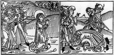 Epizód Szent Donát életéből (meghalt 355 körül) Metszet a Voragine-i Jacobus (James) (1228-1298) „Leben der Heiligen - sommerteil” (A szent könyvéből). Lübeck 1488. alkotó: Unknown artist