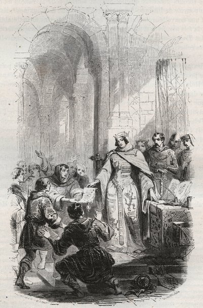 Ermesinde, Luxemburg grófnője - A luxemburgi Ermesinde Iere által Luxemburg lakosainak adott postaköltség oklevele 1243-ban - Theodore Juste (1818-18) 1868-as metszete „Belgium története a kezdetleges időktől I. Lipót végéig” alkotó: Unknown artist