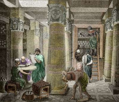 Erudits az alexandriai könyvtárban, megsemmisült 642-ben, Egyiptom) (Az alexandriai könyvtár képe, Egyiptom) 19. század (metszet) alkotó: Unknown artist