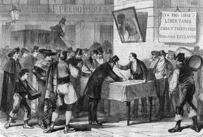 Események Spanyolországban 1885-ben: nyilvános előfizetés Madridba rabszolgák vásárlására Kubából és Puerto Ricóból. alkotó: Unknown artist