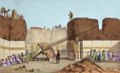 Ninive (Nineve) ásatása – Henri Layard Nimrud (Nimroud) romjai (19. századi mezopotámiai utazása után); a nagy bikaszárny cseréje – Egy szárnyas bika szállítása Nimrudból Sir Austen Henry ásatásai során alkotó: Unknown artist