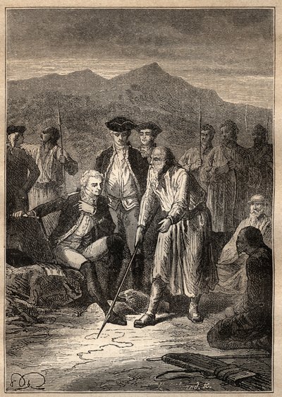 Jean Francois Galaup de La Perouse (1741-1788) expedíció a világ körül (1785-1788): a tengerészek a Saghalia szigetén (Szahaline) kiszállnak, és találkoznak egy idős emberrel, aki megrajzolta nekik Tartaria térképét – az illusztráció a „The Great” c. 18. s alkotó: Unknown artist