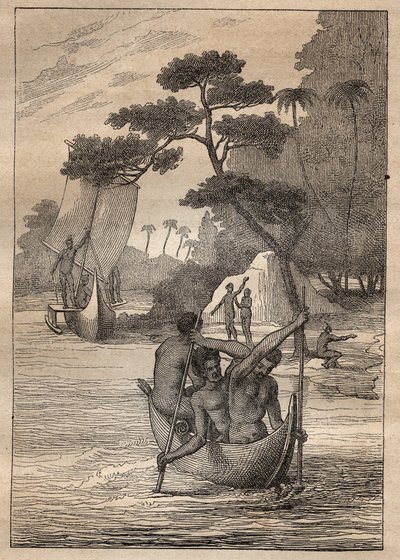 Nicolas Thomas Marion-Dufresne (Marion Dufresne) (1729-1772) expedíciója: kenuk az Admiraut szigeteiről (Bismarck-szigetcsoport, Pápua Új-Guinea) - illusztráció a „” A 18. századi nagy tengerészek” című könyvből” alkotó: Unknown artist