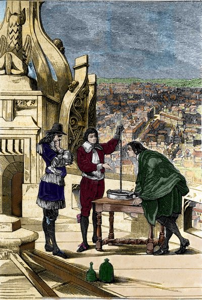 Blaise Pascal tapasztalata higanybarométerrel a párizsi Tour Saint Jacques la Boucherie tetején. alkotó: Unknown artist
