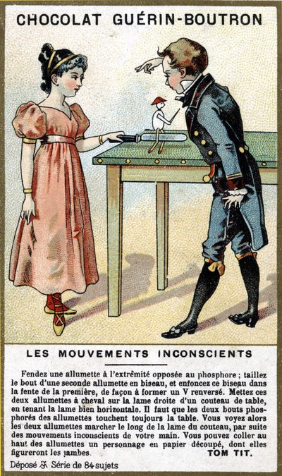 Két gyerek tapasztalata gyufával és késsel. Csokoládécsomagolás kromolitográfiája Guérin Boutron. alkotó: Unknown artist