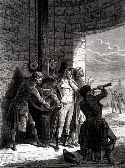 A Chappe távíró kísérlete 1793. július 12-én, Ménilmontantból Saint-Martin-du-Tertre-be a konvent biztosai előtt – Louis Figuier „Az ipar csodái” c. alkotó: Unknown artist