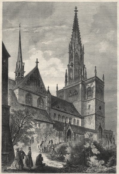 Külső kilátás a Notre Dame-székesegyházra, Constance-ban, Németországban. Metszet a „The Universe illustrious”-ba alkotó: Unknown artist