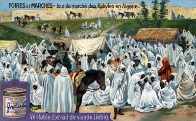 Vásárok és piacok: Kabil piac napja Algériában. Kromolitográfia, Liebig-kép. alkotó: Unknown artist