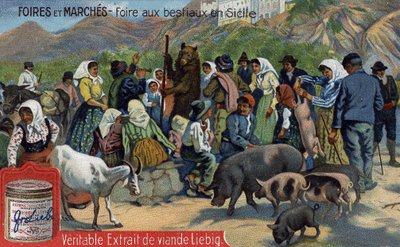Vásárok és piacok: marhavásár Szicíliában. Kromolitográfia, Liebig-kép. alkotó: Unknown artist