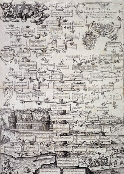Az angol királyi család családfája a 12-17. századtól - metszet alkotó: Unknown artist