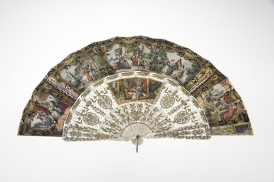 Legyező, 1860 körül, Nyomtatott és festett papír, gyöngyház, arany, ezüst és réz fémek és tükör, készítő ismeretlen alkotó: Unknown artist