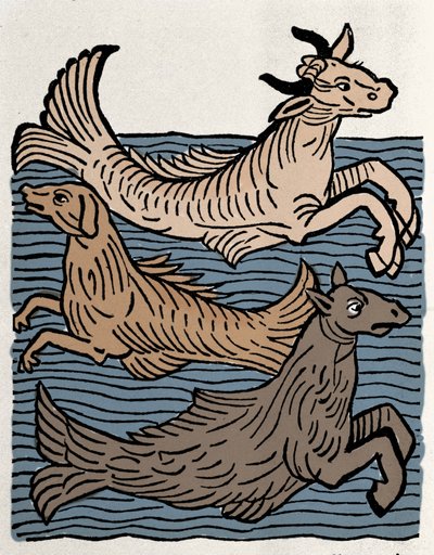 Fantasztikus lények: tehén, kutya és tengeri ló ábrázolása. Metszet a „Hortus sanitatis”-ból” alkotó: Unknown artist