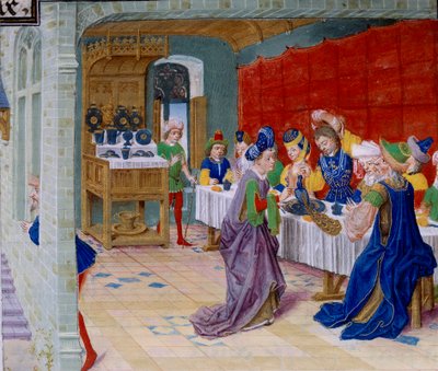 Ünnepi étkezési jelenet, egy páva kerül az asztalra. Miniatűr a „La Vraye Histoire du Bon Roy Alixandre”-ból, Kallisthenésztől vagy Kallisthenésztől (i.e. 360-328) alkotó: Unknown artist