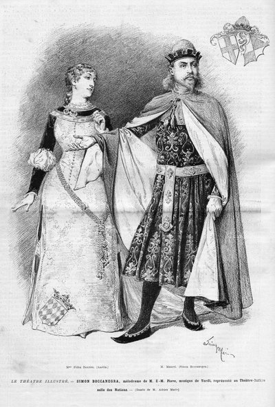 Fides Devries Amelia és Victor Maurel (1848-1923) szerepében Simon Boccanegra szerepében Giuseppe Verdi névadó operájában, három felvonásban, Francesco Maria Piave librettója Antonio Garcia Gutierrez, az Itali képviselője darabja után. alkotó: Unknown artist