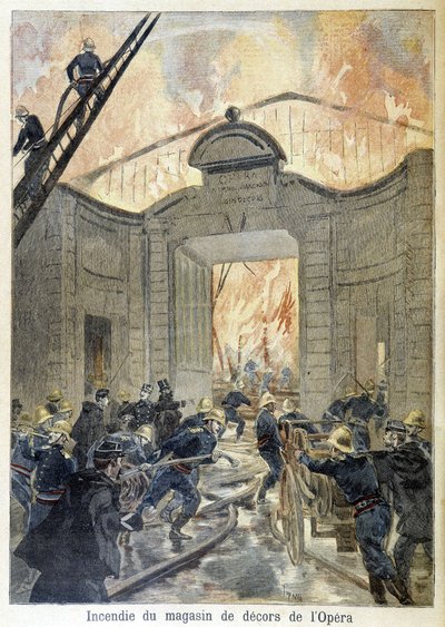 Tűzoltósági beavatkozás az opera díszüzletének tűzeseténél. a „Petity Journal” illusztrációja 1894-ben. alkotó: Unknown artist
