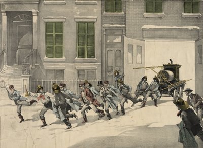 A tűzoltók segélyhívásokat küldenek a tűzhelyre, akvarell 1895-ből. USA alkotó: Unknown artist