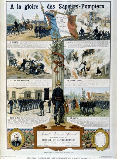 Tűzoltók: A Sapeurs dicsőségére - a „Francia hadsereg ezredeinek történeti festményein” 1890 körül alkotó: Unknown artist