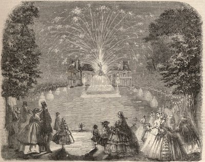 Tűzijáték és Maison Laffitte (House-Laffitte) kastély megvilágítása a mezőgazdasági bizottsági verseny estéjén. Metszet a „Le Monde illustrious”-ban 1857-ből. Magángyűjtemény. alkotó: Unknown artist