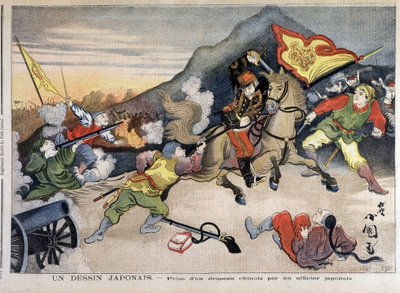 Első kínai-japán háború – kínai-japán háború: egy japán tiszt elvette a kínai zászlót – az 1894.10.29-i "Le Petit Journal"-ban (metszet) alkotó: Unknown artist