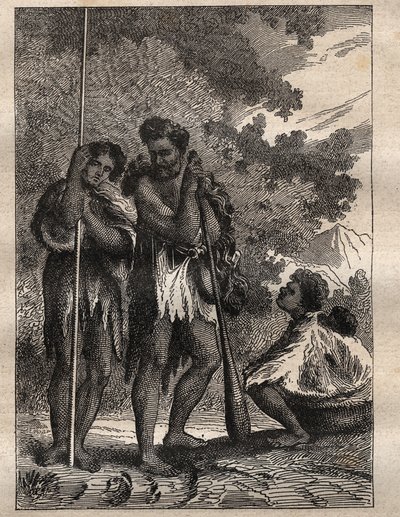 James Cook kapitány (1728-1779) első útja (1768-1771): egy neo-zélandi család (Neo Zelandaise) - az illusztráció a „18. századi nagy tengerészek” című könyvből vett. alkotó: Unknown artist