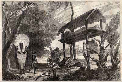 James Cook kapitány (1728-1779) első útja (1768-1771): fia-toka (fia toka), Tahiti temetkezési épülete – az illusztráció „A 18. századi nagy tengerészek” c. alkotó: Unknown artist