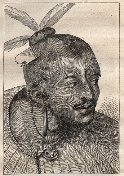 James Cook kapitány (1728-1779) első útja (1768-1771): egy neo-zelandais (Neo Zelandais) tetovált feje – az illusztráció a „18. századi nagy tengerészek” c. alkotó: Unknown artist