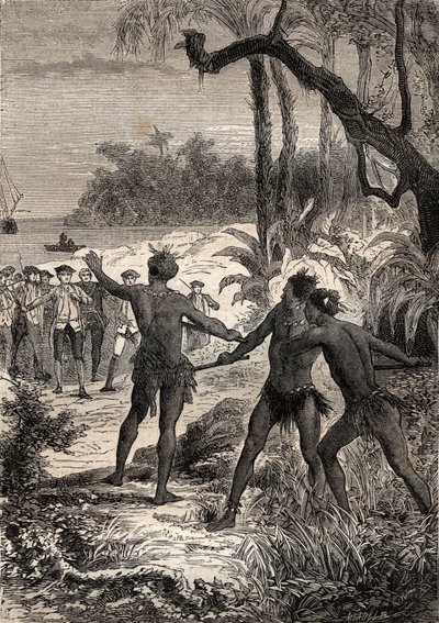 James Cook kapitány (1728-1779) első útja (1768-1771): míg Cook és tíz tengerész Új-Guinea déli partjain hajóznak, három indián nagy sikoltozással emelkedett ki az erdőből – az illusztráció a „The Great Mariners of the Great Mariners a 18. század”” alkotó: Unknown artist