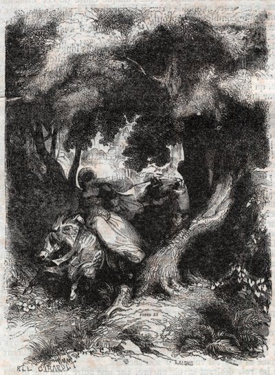 Angelica (Angelica) repülése a csata során - 1851-es metszet Ludovico Ariosto „" Furious Roland" (Orlando furioso) (16. század) -ból, Ariosta néven ismert - Tressan gróf olasz nyelvről fordított kiadása, Gustave kiadása Harva alkotó: Unknown artist