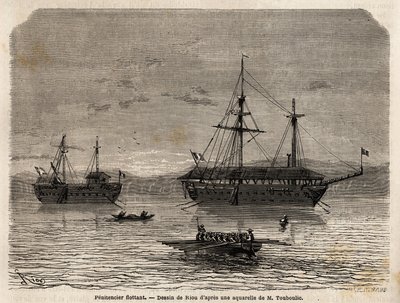 Francia Guyana úszó vezeklői, egy kolónia, amely a bíróságokat átvevők és a maradandó férfiak fogságába szállt. Metszet az 1862-1863-as francia guyanai utazás szemléltetésére, Frederic Bouyer, a fregatt kapitányától a „” Le tou”-ban alkotó: Unknown artist