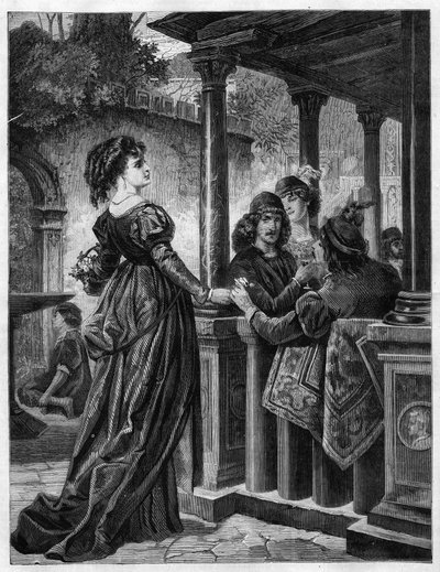 Virágkereskedő Firenze utcáin a középkorban. Metszet a "" The Illustrious Universe" -ba alkotó: Unknown artist