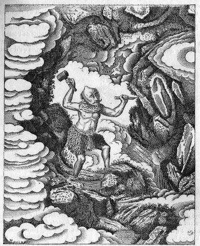 A világok kialakulása: a kínai Pan-Kou-Che isten a föld kérgét faragja. Metszet a „Le journal de la jeunesse”-be alkotó: Unknown artist