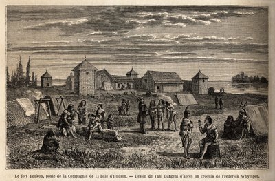 Az 1847-ben alapított Fort Youkon, a Norton-öbölben, Alaszkában, a Hudson Bay Company létesítménye, indiánok táboroztak a palánkok körül. Metszet az angol Kolumbiában, Vancouver-szigeten és Alaszkában való utazás és kalandok illusztrálására, Fredericktől alkotó: Unknown artist